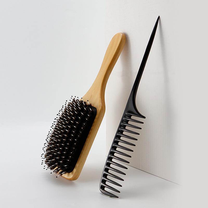 Swine Bristle Airbag Straight Curly Air Cushion Lotus Wood Handle, Parallel Beauty Comb, Pointed Tail Hair Picking Set Comb