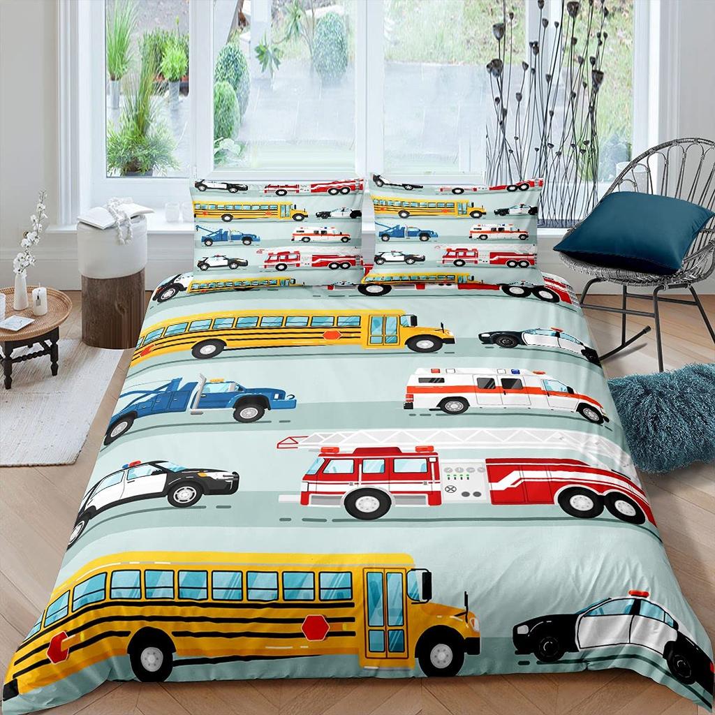 Police Car Duvet Cover Cartoon Set Car Blue Grey Emergency Responder Vehicles Polyester Quilt Cover With Pillowcases King Size