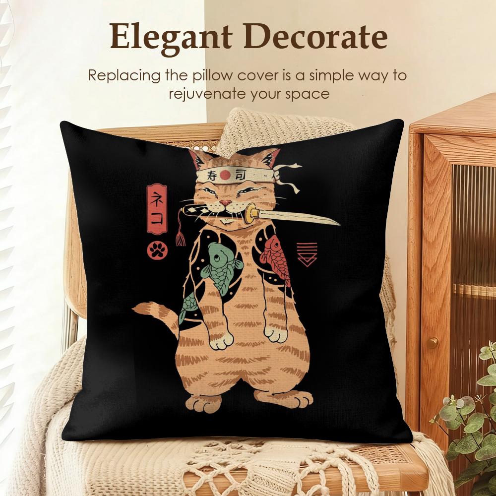 Japanese Style Cat Cushion Cover Natural Linen Organic Fabric DoubleSided Printing Sofa Home Decor Gift Pillow Case