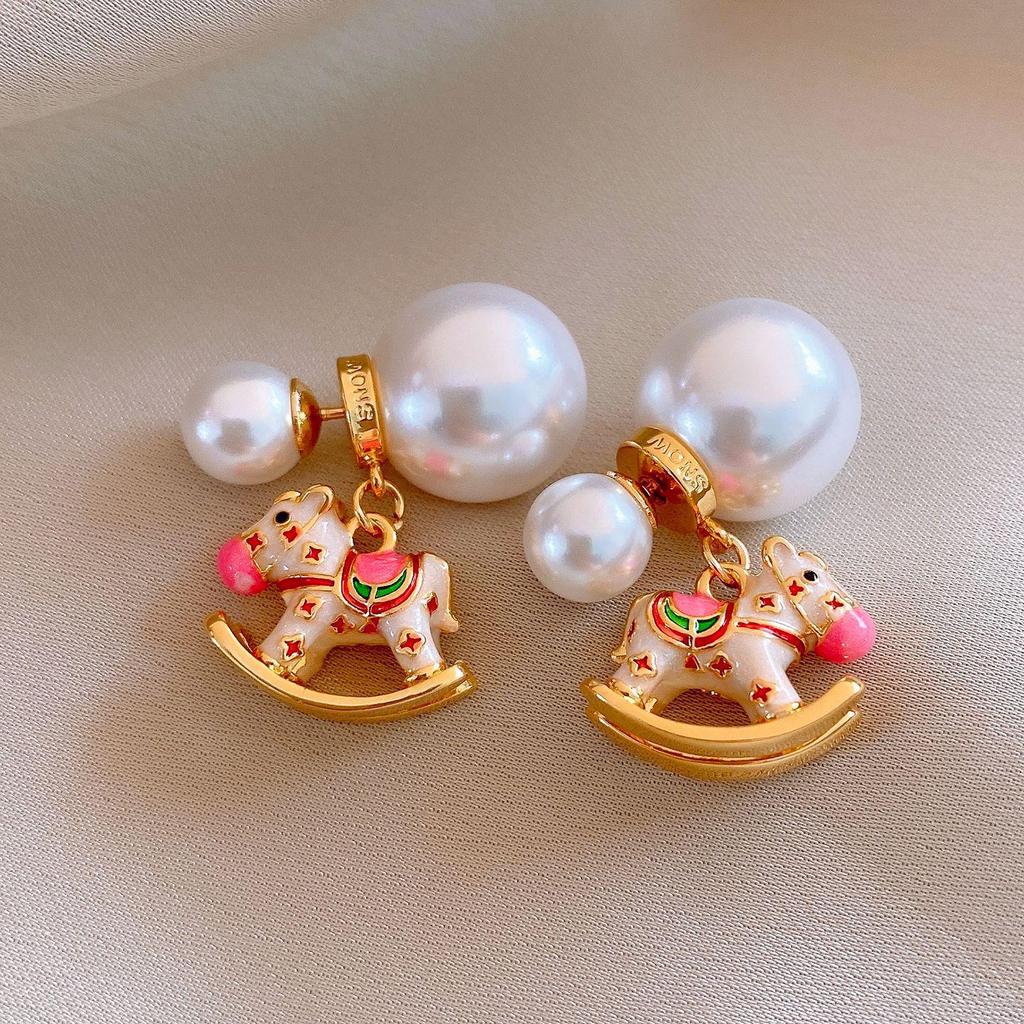 Zodiac Year Zircon Pearl Horse Earrings - Luxurious, Modern Studs for Women