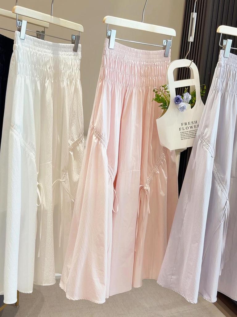 2026 Summer Tencel Cotton A-line Bowknot Skirt: Elastic Waist, Pleated, Mid-Length, Versatile, Women's Thin Fit
