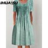 IHUASU 30 Color Pleated Midi Dress Short Sleeve Round Neck Loose Hem Mid-Calf Length Women Floral A-Line Party Dress Casual Wear