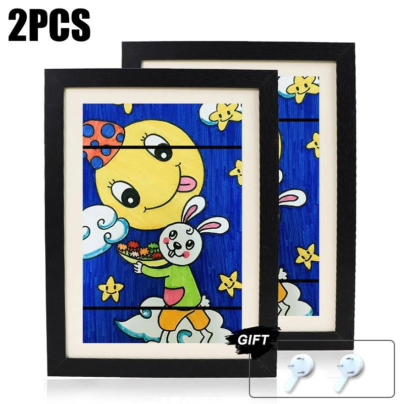 2 PCS Kids Art Frame Set A4 Size Wooden Replaceable Photo Display Kids Artwork Organizer Home Office Painting Display