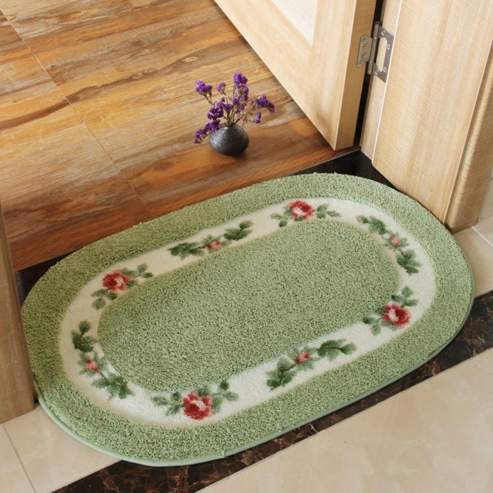 Practical Fluffy Rose Pattern Door Mat Absorbent Pastoral Style Oval Floor Rug Nonslip Thickened Bath Mat Home Decoration