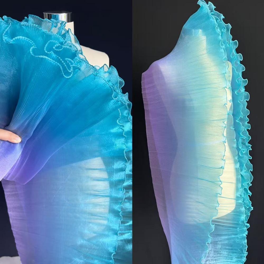 30cm Width Pleated Lace Organza Fabric Water-Shimmer Effect Pleated Mesh Wedding Dress Material Transparent Fabric