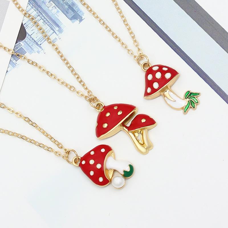 Cute Red Painting Cartoon Mushroom Necklace Simple Resin Metal Necklaces For Women Girls Fashion Jewelry