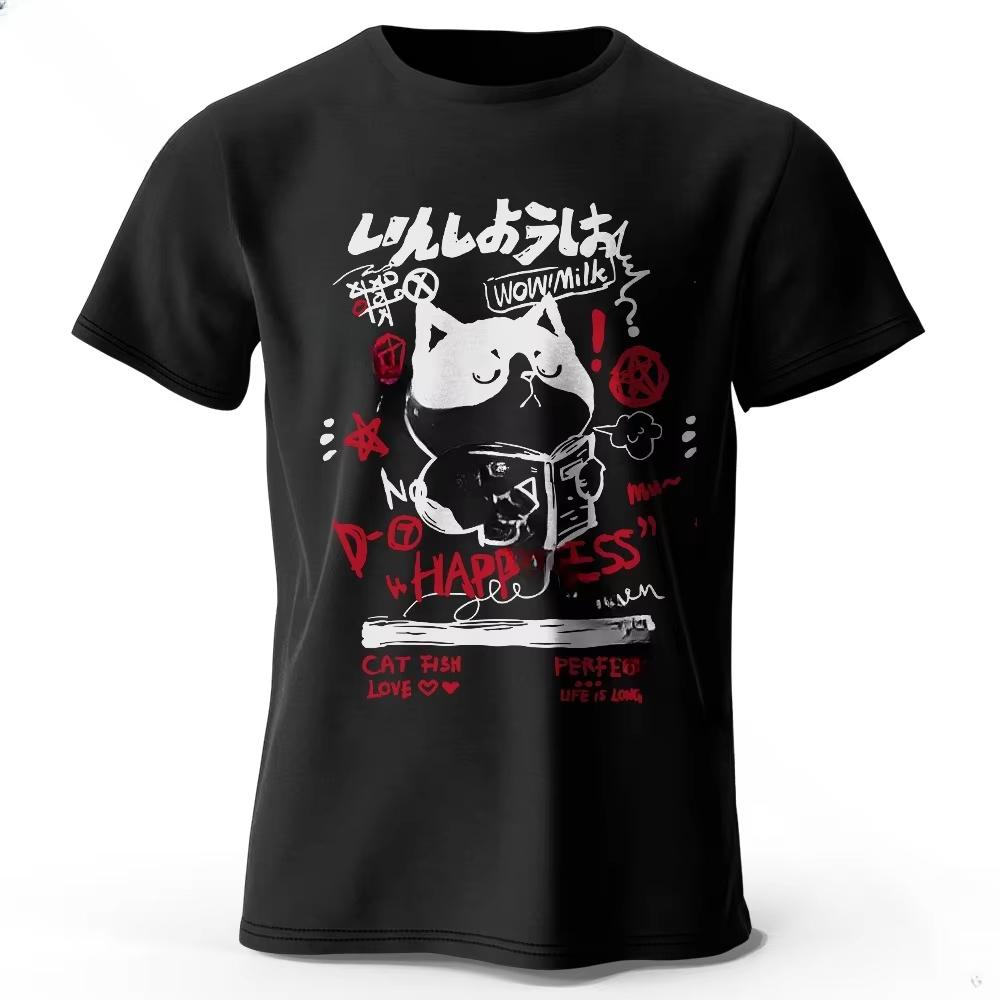 

Summer Menswear Men s Kawaii Cat Graffiti Harajuku Printed T-shirt Soft Round Neck Short Sleeve T-shirt Unisex Cute Art Style S