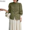 ZANZEA Blouse décontractée pour femme à col montant, ample, manches 3/4, en coton