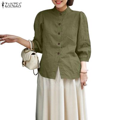 Blouse décontractée pour femme à col montant, ample, manches 3/4, en coton