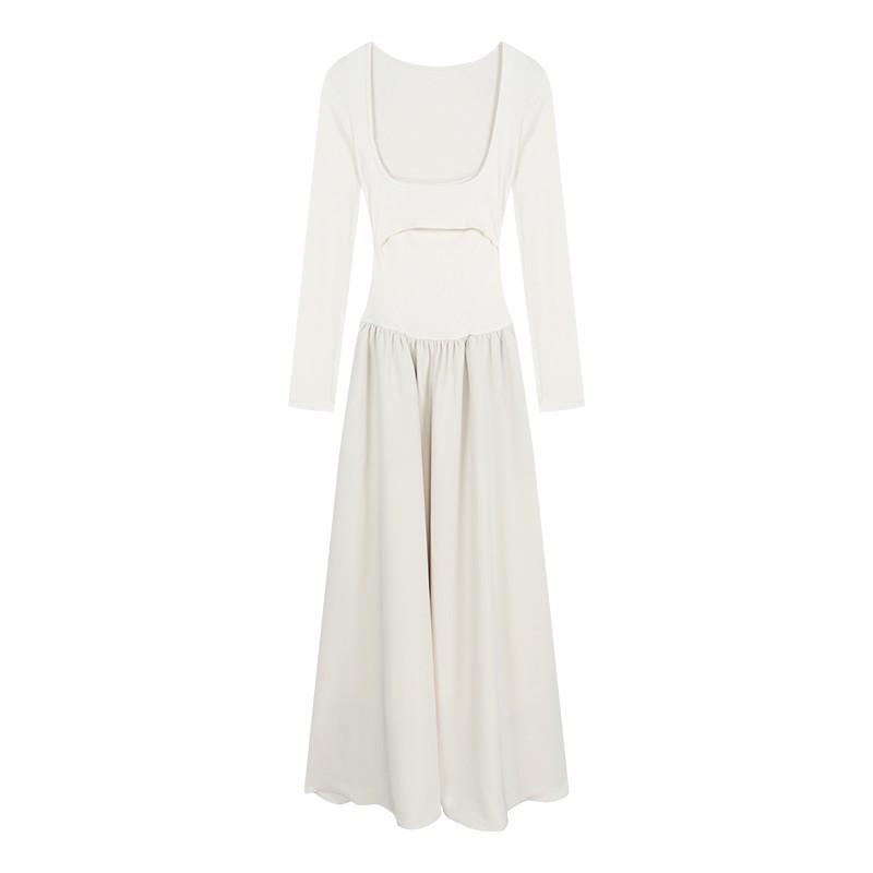 Elegant Square Neck A-Line Dress - Women's Early Spring 2026 Arrival, Long Sleeve, Waist-Cinched Fake Two-Piece Design.