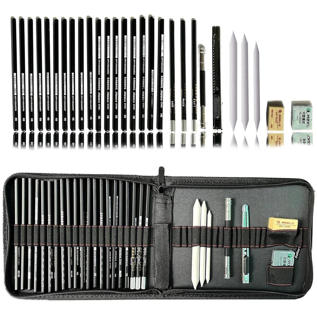 Grafitové kreslicí tužky a skicovací sada Kreslicí sada s taškou Umělecké potřeby Obsahuje uhelky Grafitové tužky Ořezávátka Gumy