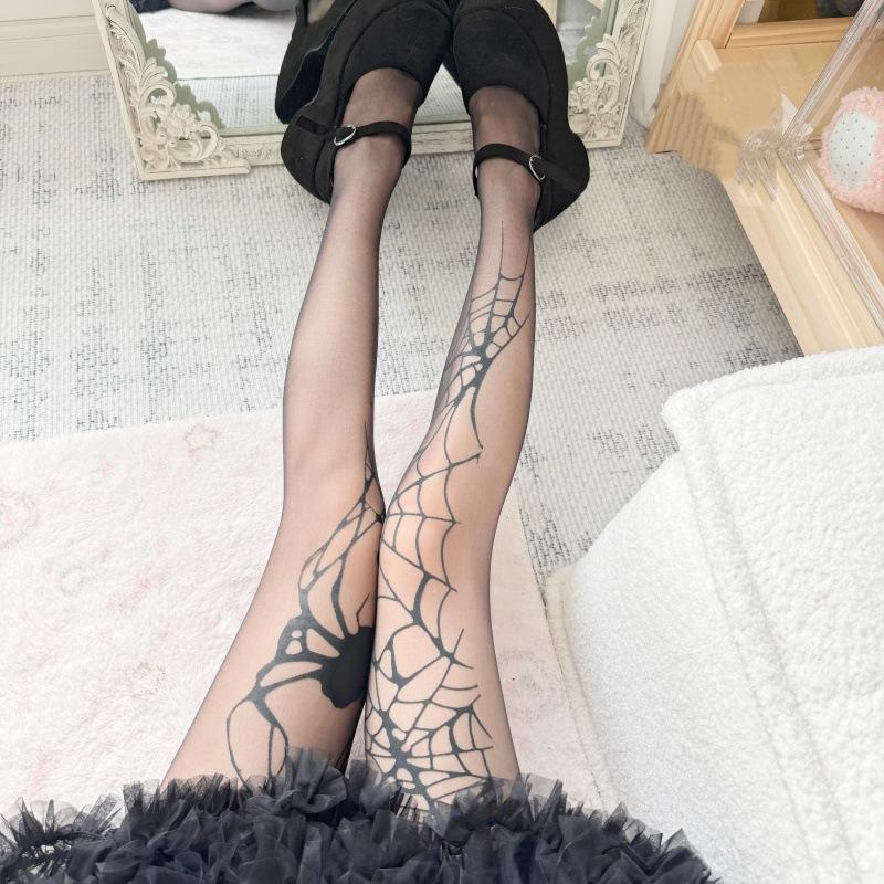 Hot-Selling Spider Web Print Stockings Tattoo Thin Black Silk Pantyhose Halloween Cos Leggings