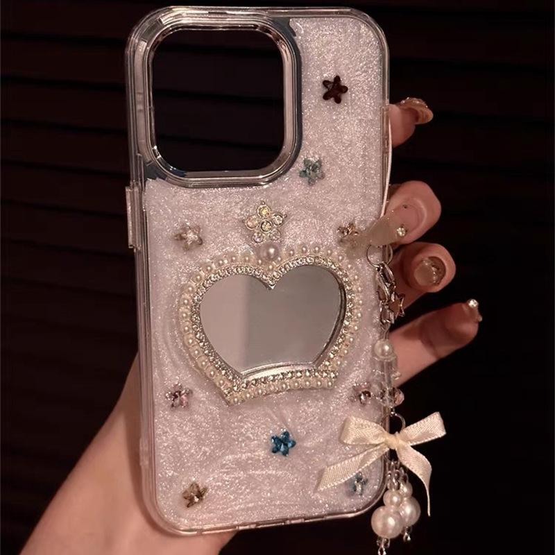 Rhinestone Pearl Crown Mirror Mobile Phone Case For Iphone17Promax Epoxy Apple 15 Stars Female