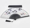 White fan with cat featuring three spotted cats in an antique ink painting Includes a black brocade fan design, style. case.