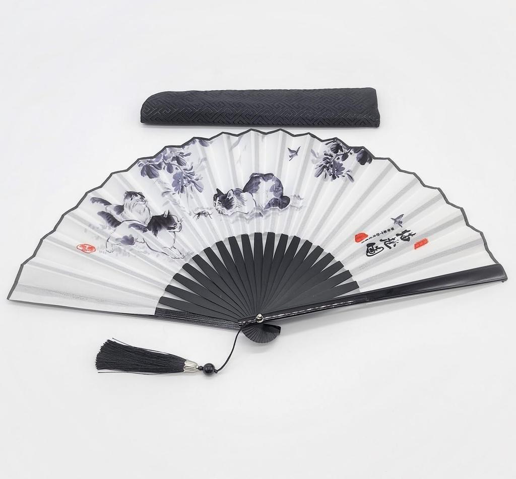 White fan with cat featuring three spotted cats in an antique ink painting Includes a black brocade fan design, style. case.