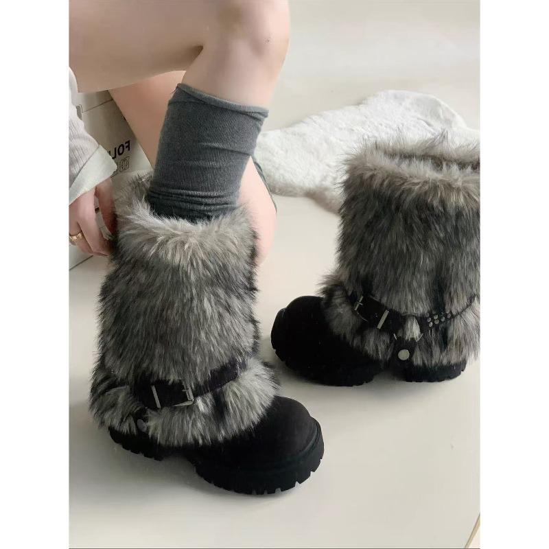 Hairy snow boots women's winter, piled and thickened Icelandic short boots, trousers, thick soles, big head cotton shoes