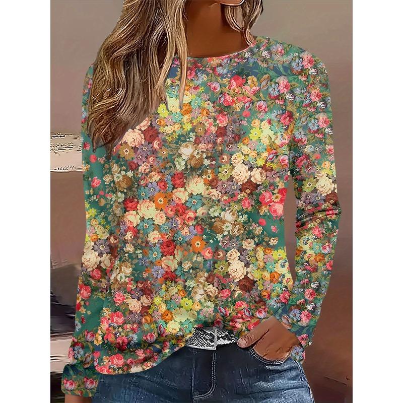 Round Neck 3D Flower Pattern Top Casual Long Sleeved Women's T-shirts - Soft Medium Stretch Polyester Fabric Spring and Autumn Relaxed Fit Clothing