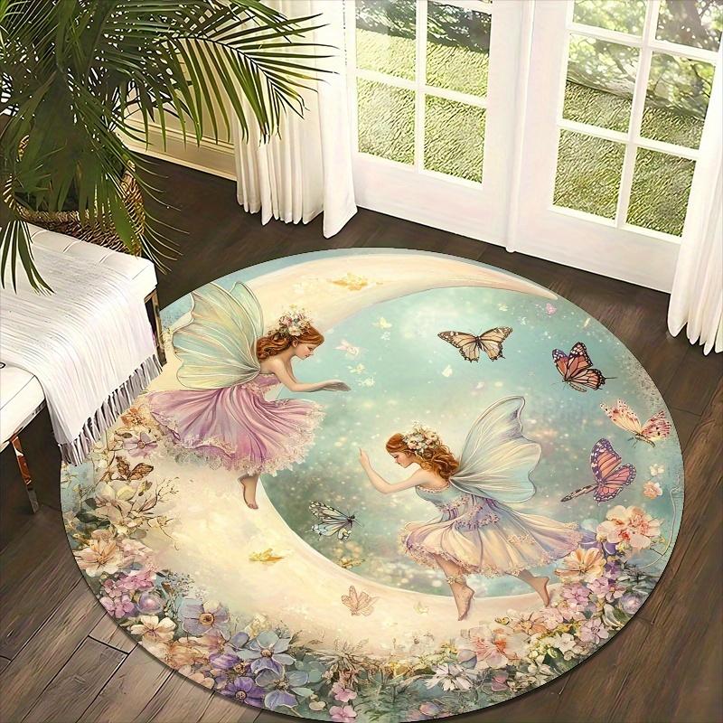 1pc Enchanted Fairy&Butterfly Round Floor Mat-Non-Slip Machine Washable 100% Polyester,Whimsical Floral Design for Living Room Bedroom Study