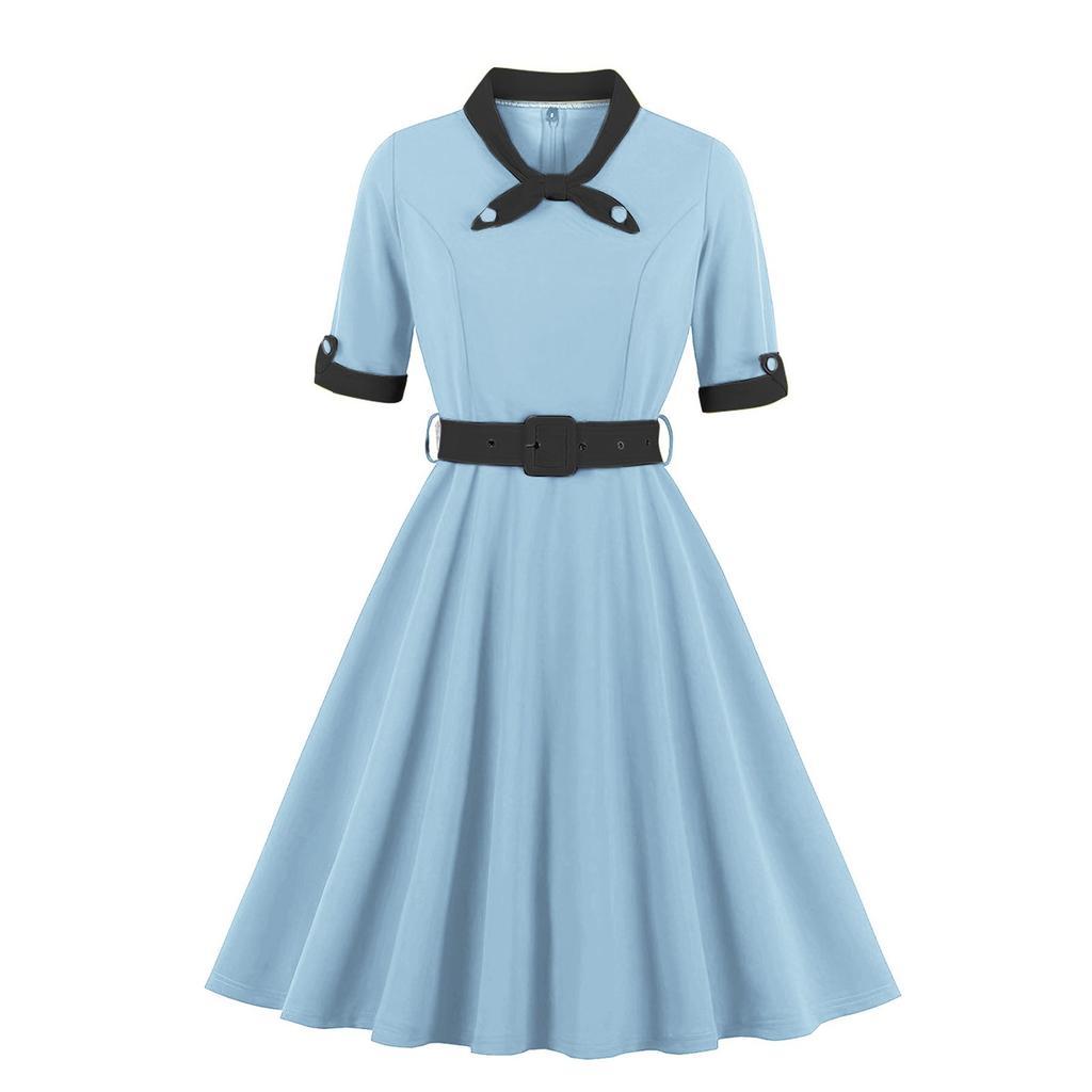 Women's V-neck Slim-fitting Short-sleeved Retro Dress With Big Swing Skirt