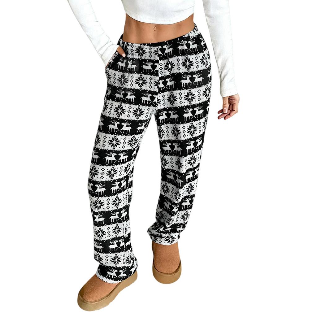 Women Pajama Pants Plush Sleep Pants Soft Elastic Waist Pajama Bottoms Patterned Pants With 2 Pockets