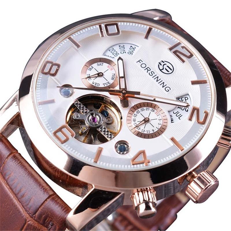 FORSINING Men's Tourbillon Large Dial Automatic Mechanical Watch with Year and Week Display.