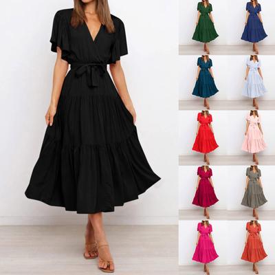 Damen-Sommerkleid, lässig, V-Ausschnitt, einfarbig, kurzärmelig, Ausschnitt, Taille, langes Boho-Kleid