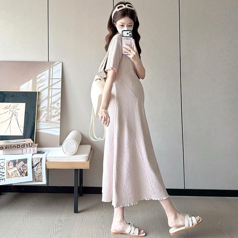 Elegant Plus Size Knit Maternity Dress - Solid Color, Short Sleeve, Summer 2026