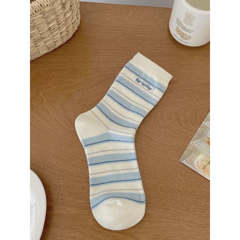 Spring and Autumn Boneless Pure Cotton Sweet Cream Contrasting Color Striped Pile Sock Style Letter Embroidery Mid-calf Socks