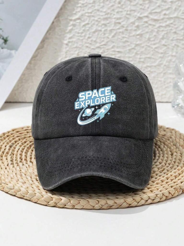 Space Explorer Graphic Distressed Baseball Cap Adjustable Polyester Casual Outdoor Hat