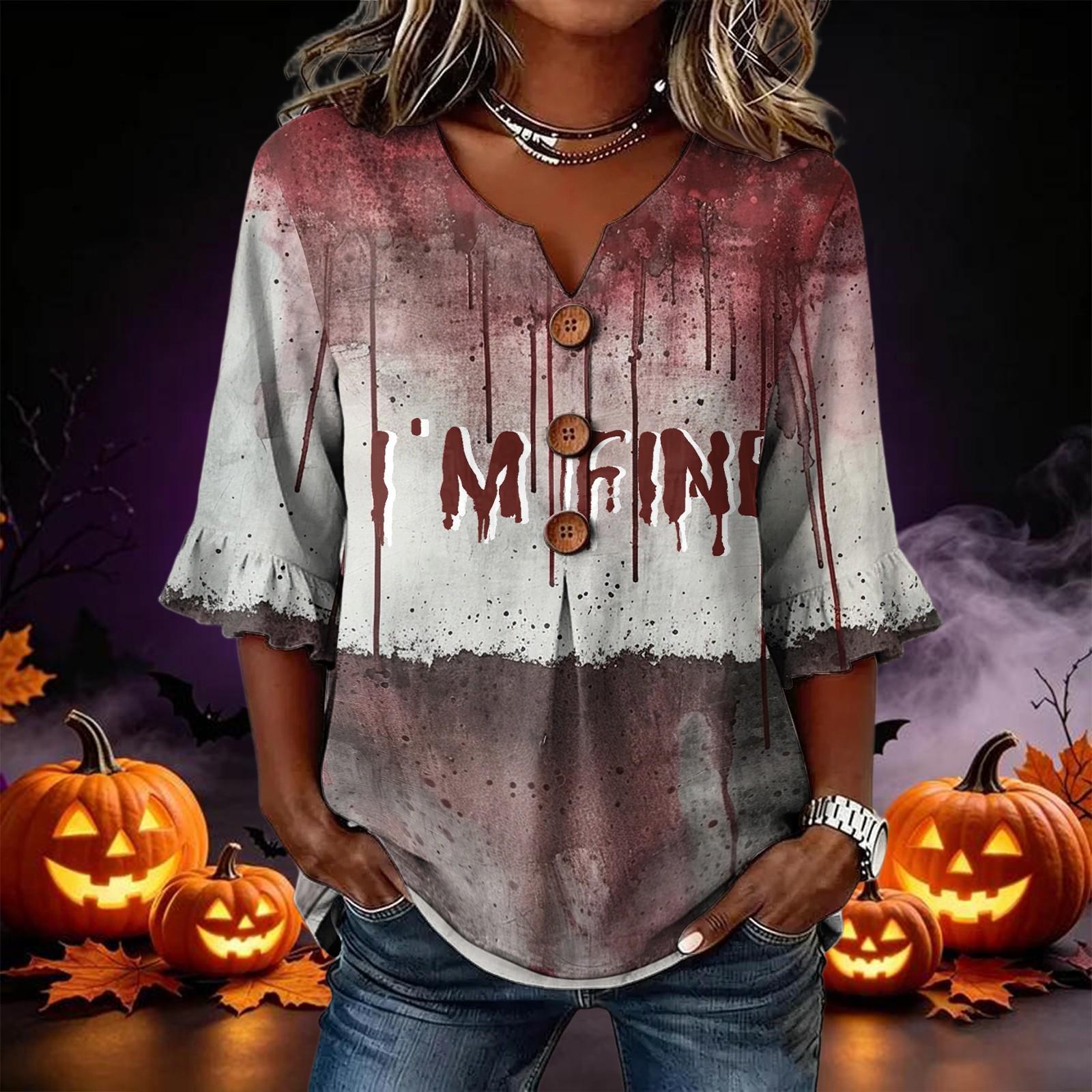 Women s Halloween Printed Blouse Lace Trim Sleeves Loose Fit Casual Tunic Top XXXL