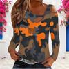 Women Plus Size Camouflage Printed Asymmetric Cutout Neck Cold Shoulder Long Sleeve Fitted Top