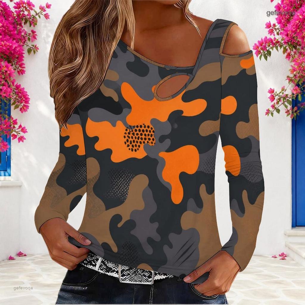 Women Plus Size Camouflage Printed Asymmetric Cutout Neck Cold Shoulder Long Sleeve Fitted Top