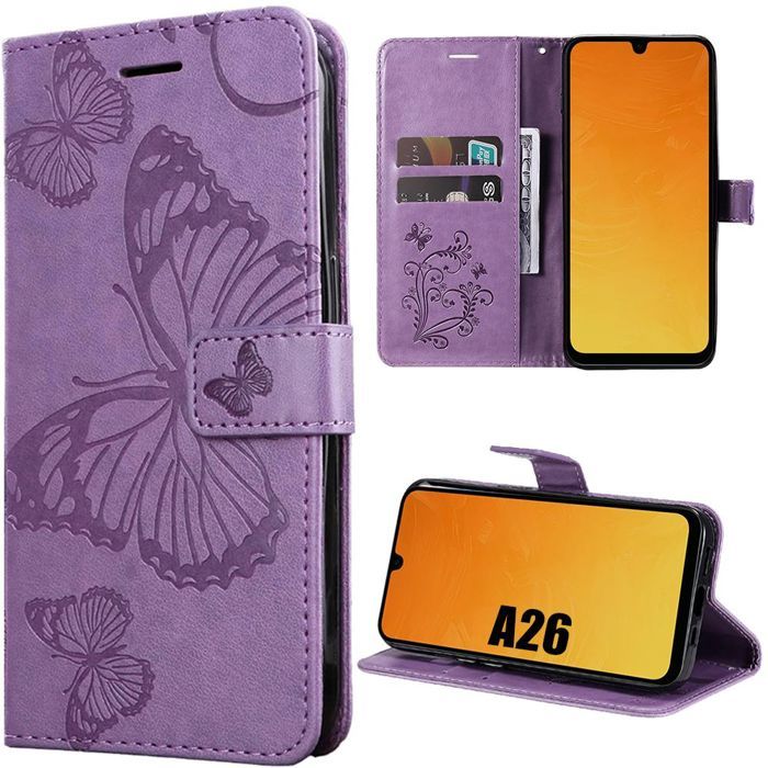 Protective Case - BOOLING - Samsung Galaxy A26 5G - Purple Synthetic Leather - Butterfly Pattern - Shockproof