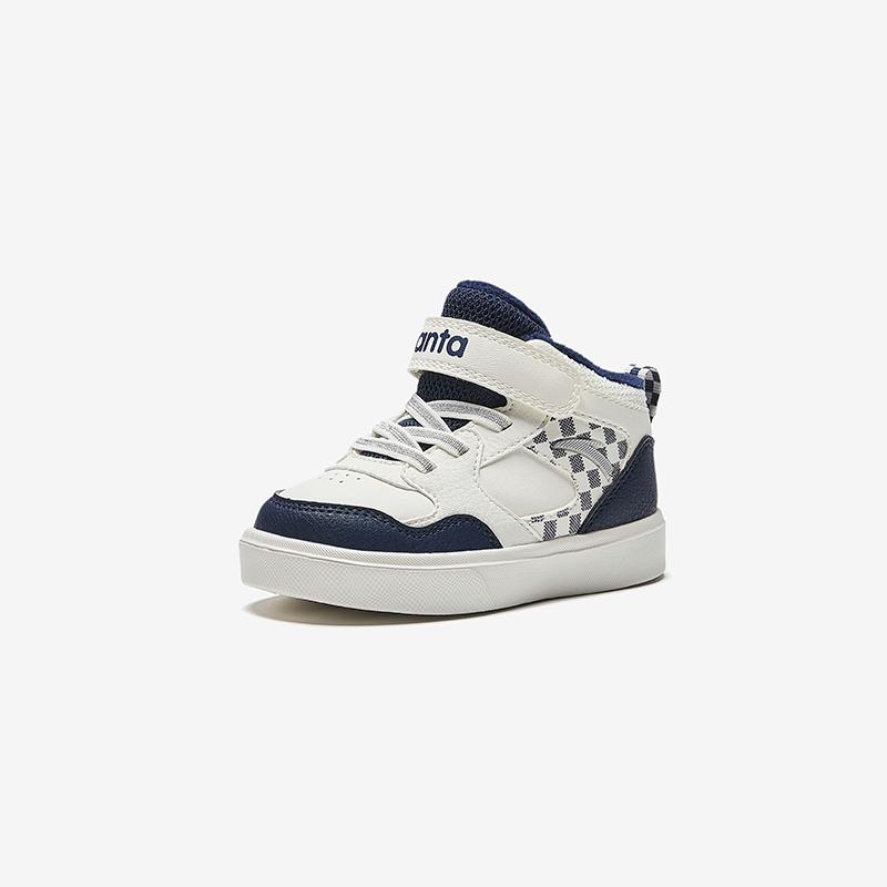 Anta Kids Synthetic Leather Plush Comfortable Warm Mid-Top Walking Shoes Baby Shoes White Deep-Blue A12440055-2
