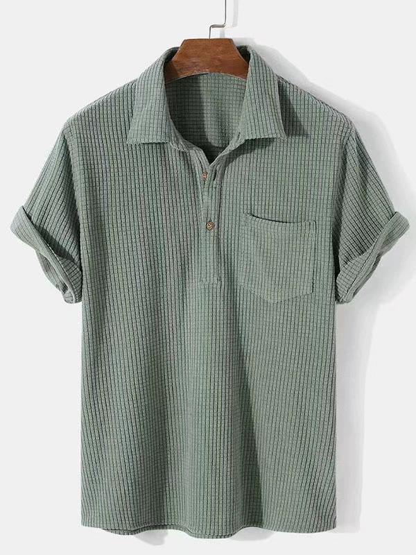 Men's Summer Short Sleeve Corduroy Lapel T-shirt Solid Color Design Simple Tops