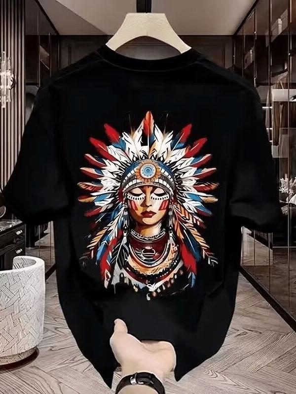 

2025 New Summer Solid Color Indian Printed Crew Neck Short Sleeve T-Shirt Men s Versatile Cotton Loose Top Trendy Large Size 4XL