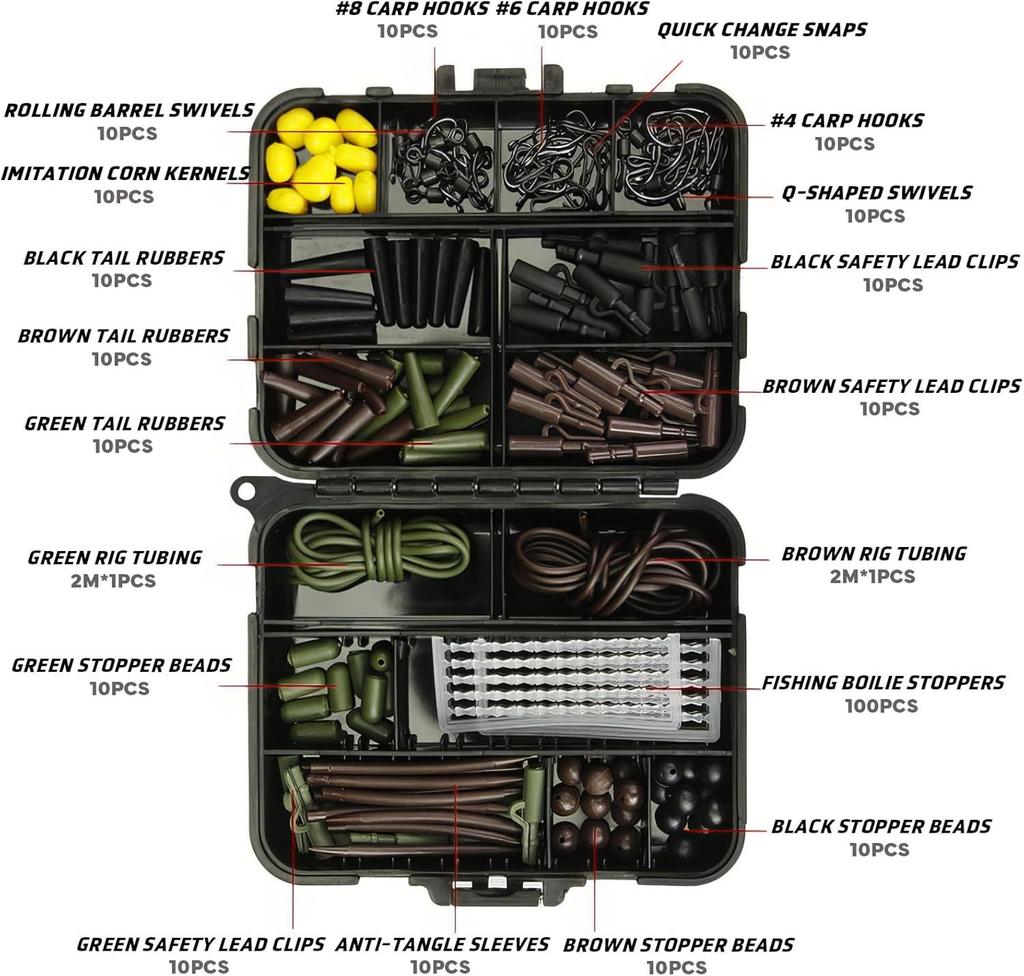 272Pcs Carp Fishing Kit Assorted Carp Fishing Tackles Fishing Hooks Clips Quick Change Swivels Boilie Stops Corn Fishing Line Beads