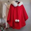 Womens Red Woolen Cape Coat With Pompom Hood Christmas Winter Holiday Party Outfit