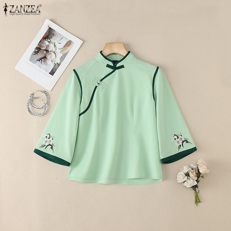 ZANZEA Damen Freizeit Stehkragen 3/4 Ärmel Blumenstickerei Bluse