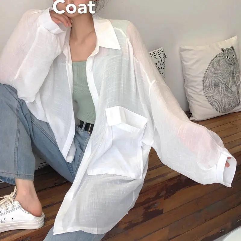 White Transparent Chiffon Blouse Chic Women Summer Oversize Puff Long Sleeve Shirt Korean Style Cardigan Basic Sheer Top