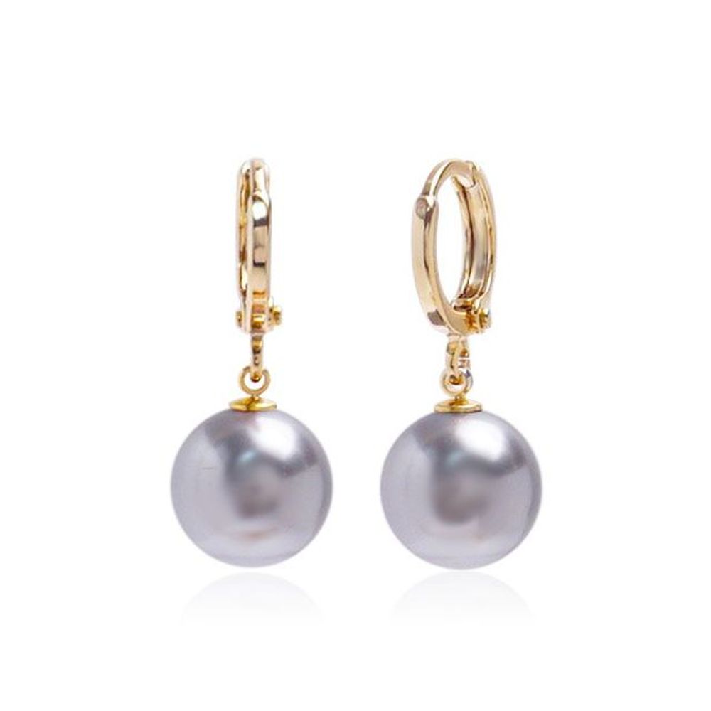 E487 10mm Light Gray Pearl Gold One-Touch Earrings