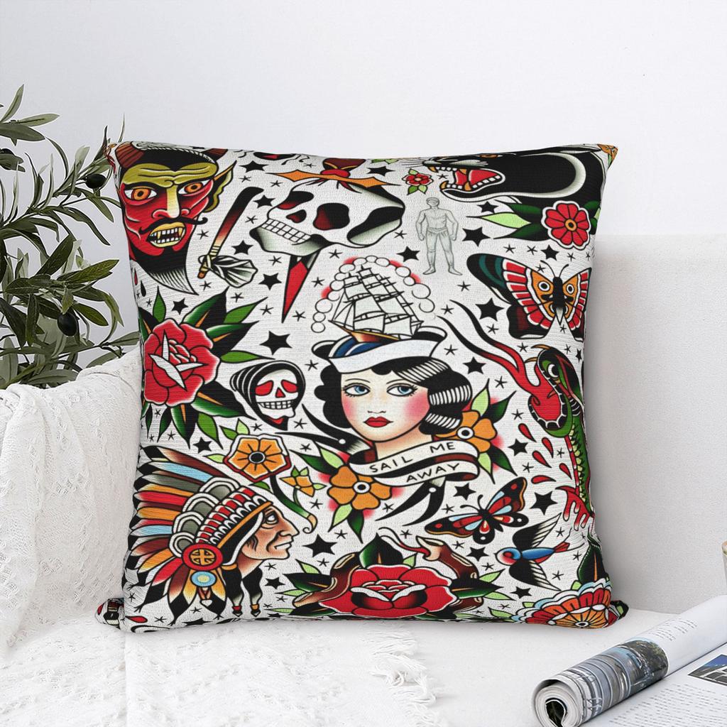 Pillow Case American Tattoo Traditional Style Design Pillow Cover For Chair Sofa Home Decor Kawaii Pillowcases