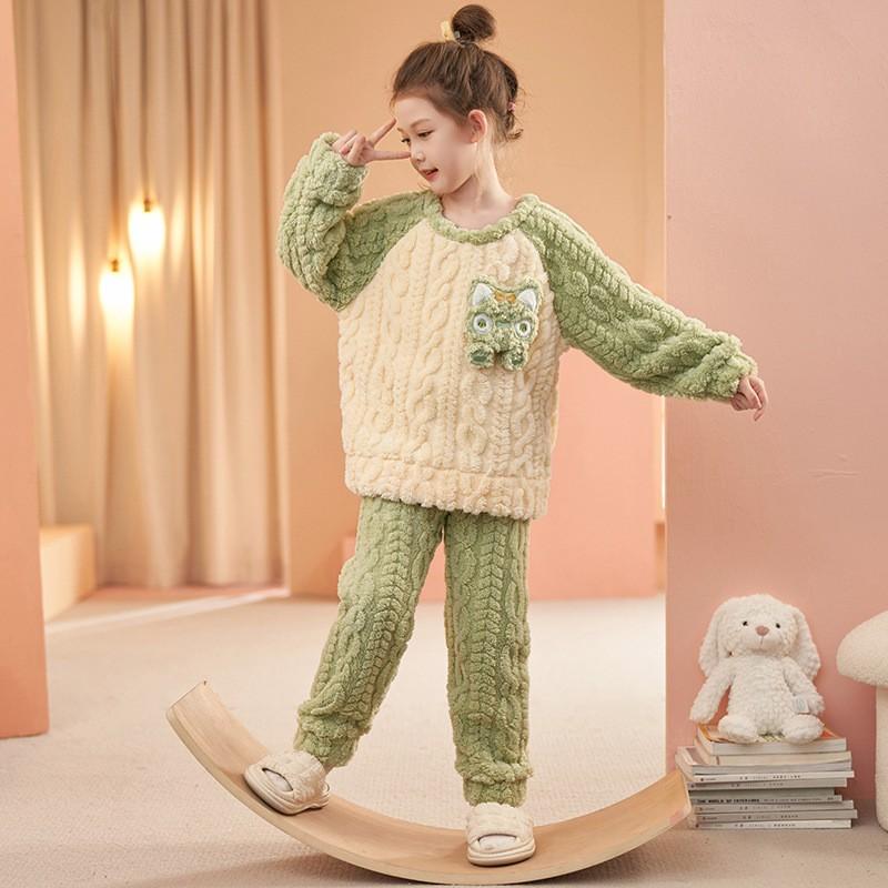 Girls Winter Coral Fleece Pajama Set Thick Warm Sleepwear Ages 8 Cartoon Animal Print Home Outfit