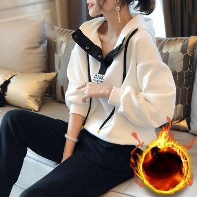 Fashion Large Size Sportswear Plus Velvet Thickened Casual Suit for Women Autumn and Winter Loose Hooded Two-piece Set