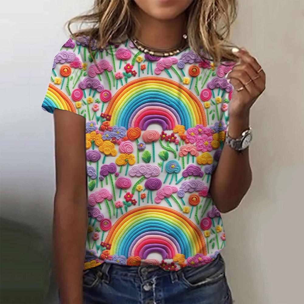 New Colorful Floral T-shirt, 3D Floral Print, Women's Summer Round Neck Short Sleeved T-shirt, Harajuku Y2K T-shirt, T-shirt, Women's Clothing