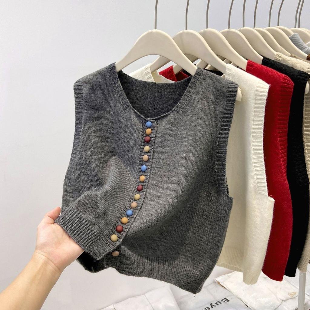 Women's Fashionable Rainbow Button Knitted Unique Layering Crew Neck Vest Loose Sweater Cardigan Top for Spring and Autumn