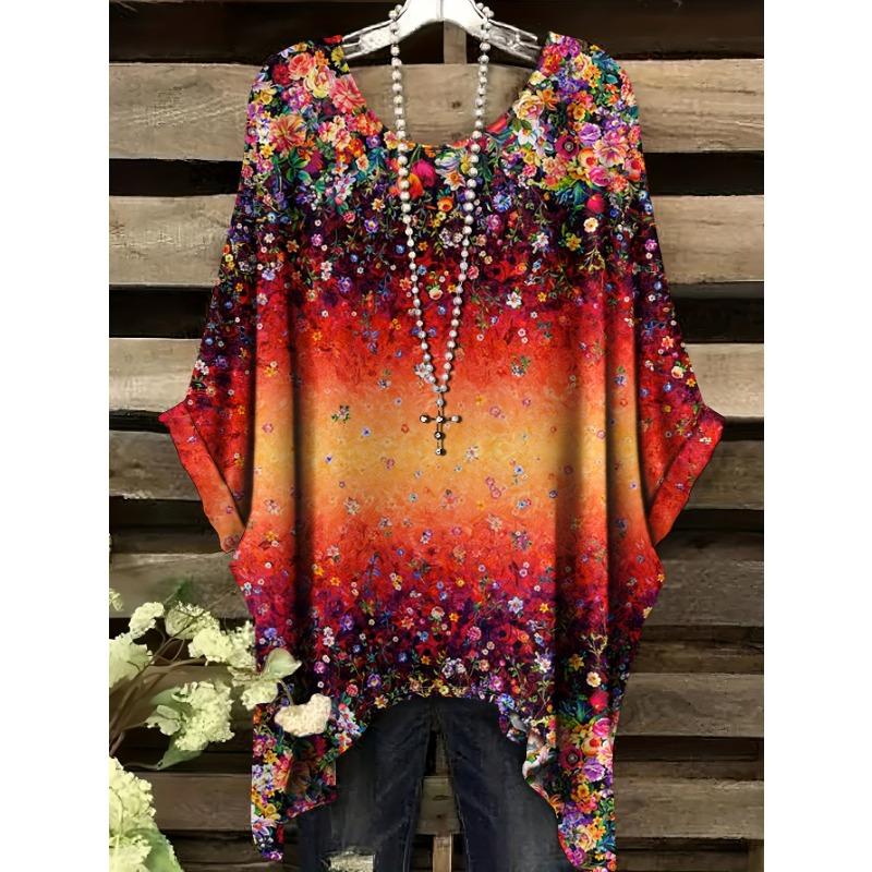 Women's Plus Size T-shirt, Ethnic Style Flower Full Body Printed T-shirt, Versatile Top
