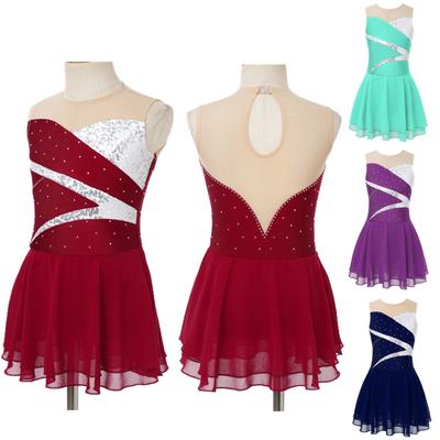 Girls Sparkly Sequined Dance Dress Sleeveless Round Neck Patchwork Hollow Back Design for Ice Skating