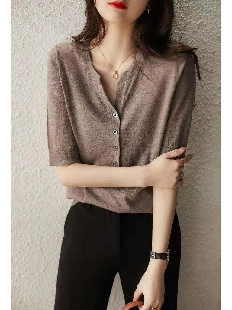 Women's Mid-Sleeve V-Neck Knitted Sweater - Versatile Slim Fit Button-Down Top