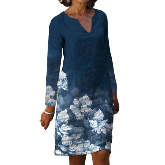 Women Midi Dress Flower Print V-neck Long Sleeves Vintage Pullover Daily Wear Colorful Holiday Autumn Women Beach Dress Female Clothes